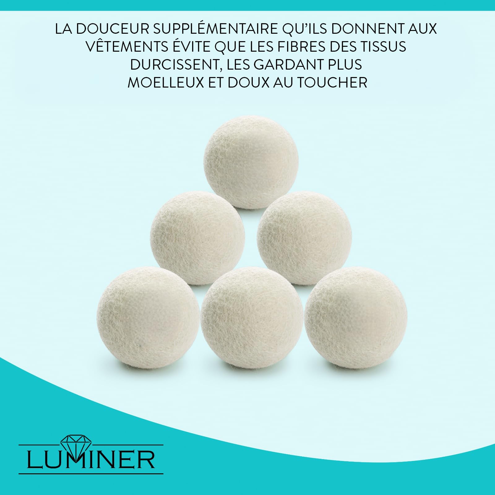 LUMINER Boules de Séchage en Laine x6 – Anti-Froissage, Anti-Statique, Attrape-Cheveux, 2 Huile Essentielle de Talc, Réutilisables pour Sèche-Linge