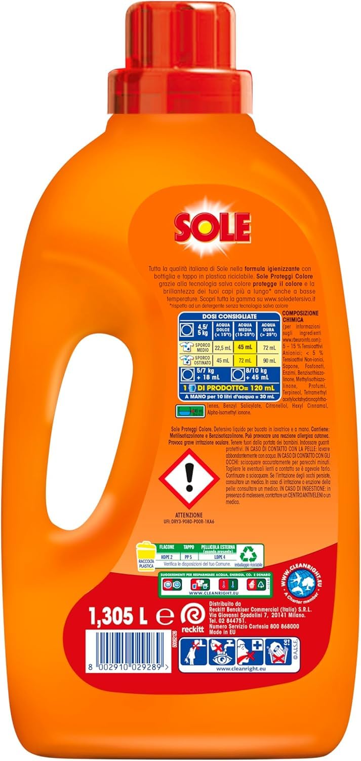 Sole Detersivo Lavatrice Liquido Proteggi Colore 290 Lavaggi, Formula Igienizzante, 10 Confezioni da 29 Lavaggi