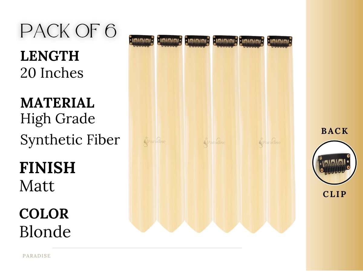 Paradise Clip in Colored Hair Streak (Strips) Extensions for Women, 20 Inch Straight Hair Highlights, Blonde, Instant Volume, No Damage, Heat Resistant Synthetic Fibre, Pack of 6 3