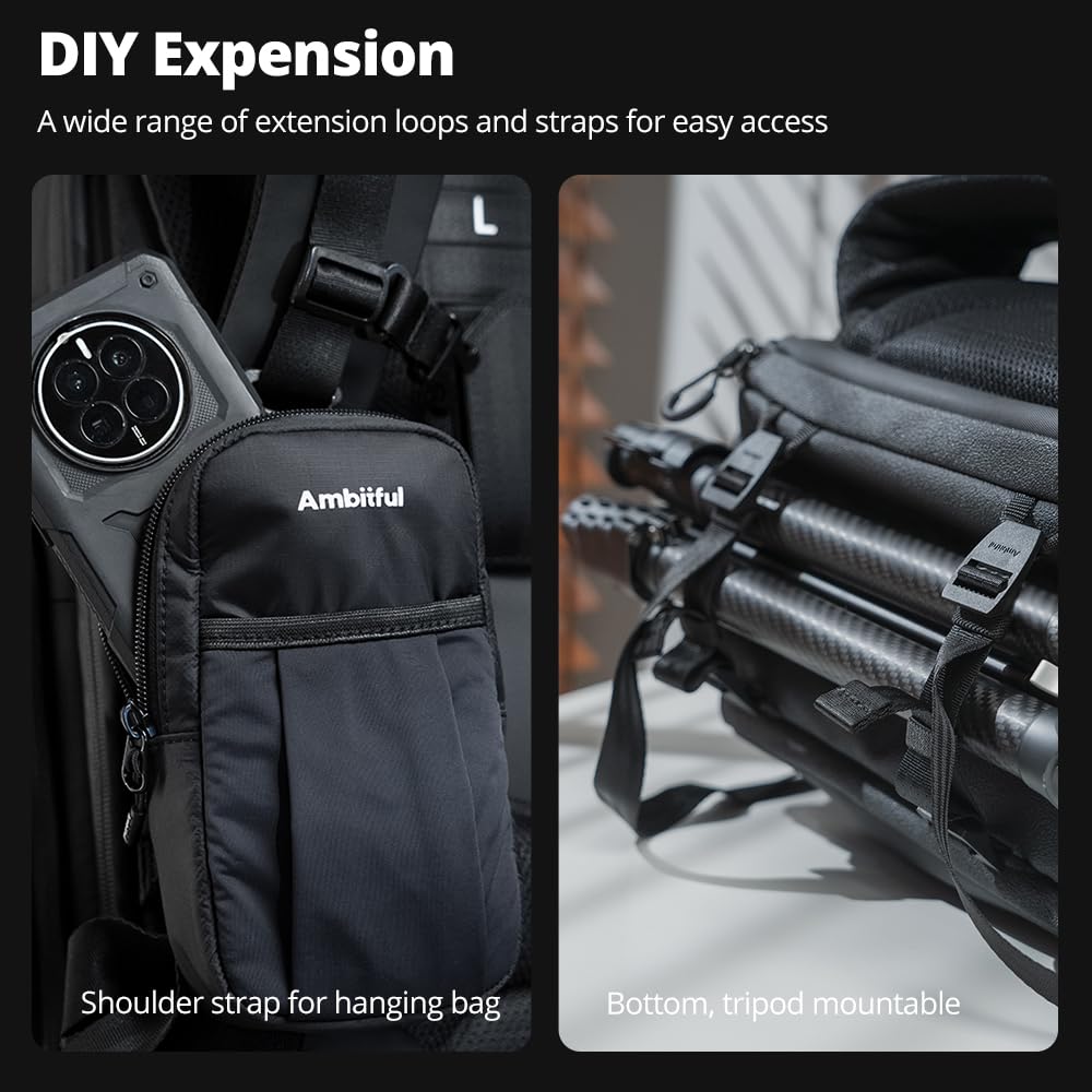 AMBITFUL Mochila grande para cámara DSLR/SLR sin espejo, ergonómica, suspendida, profesional, impermeable, con soporte para trípode y compartimento para laptop, color negro (25 L + 3 L, OM-28)