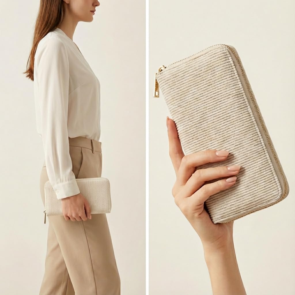 MillyMilk Fondo Large Damen Cord Geldbeutel Portemonnaie Vegan viel Platz Karten Münzen Scheine Reißverschluss Organizer BEIGE