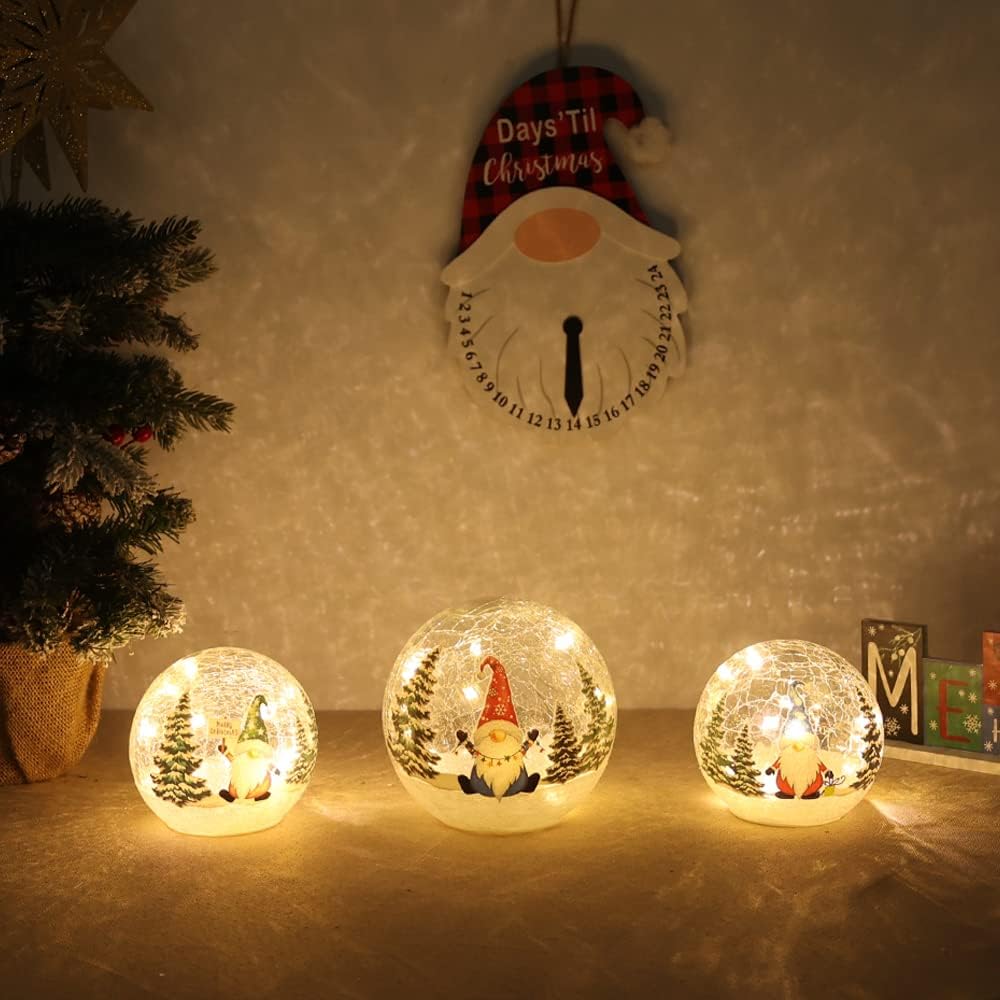 YEAHOME Christmas Decorations Indoor, 3 Pcs Lighted Gnomes Christmas Snow Globes Home Decor, Christmas Table Decorations LED Crackle Glass Ball with Timer for Living Room Fireplace Tabletop
