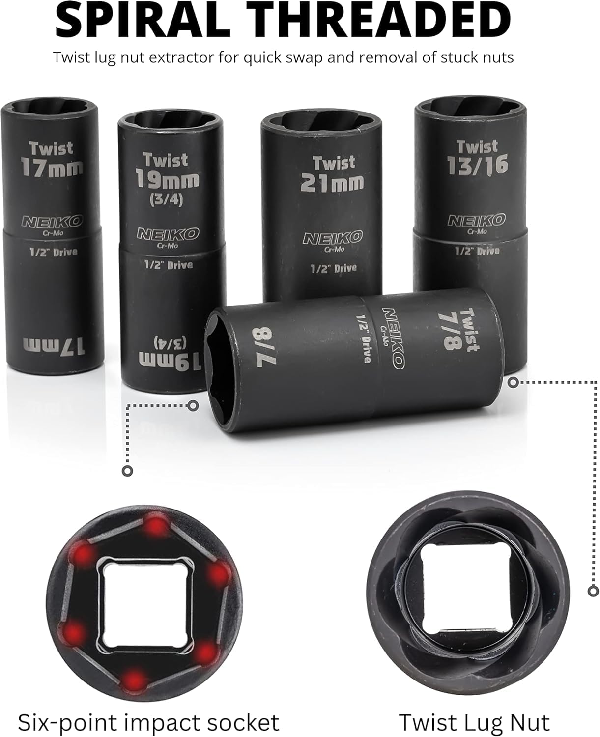 Neiko 02340A Zestaw nasadek obrotowych, 6-częściowy zestaw nasadek nasadowych SAE i metryczny, 1/2" Dr. Impact Flip zestaw nasadek 6-punktowych i skręconych, CR-Mo zestaw nasadek stalowych do kół 7,5