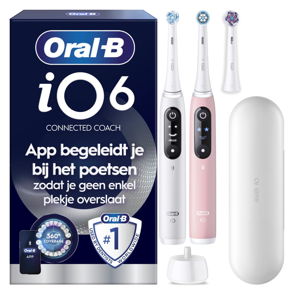Oral-B Spazzolino da denti elettrico, confezione duo, maniche bianche e rosa, 5 modalità di spazzolatura di cui bianchezza e cura delle gengive, sensore di pressione, 3 spazzole orali B di ricambio