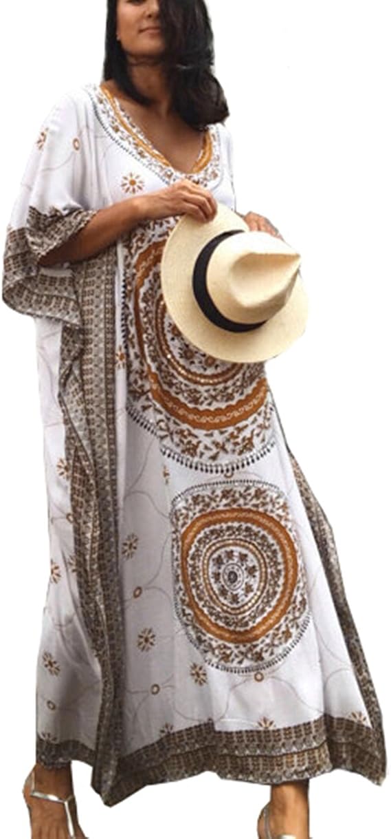 Bsubseach Women Coffee Ethnic Print Kaftan Maxi Dress Half Sleeve Open