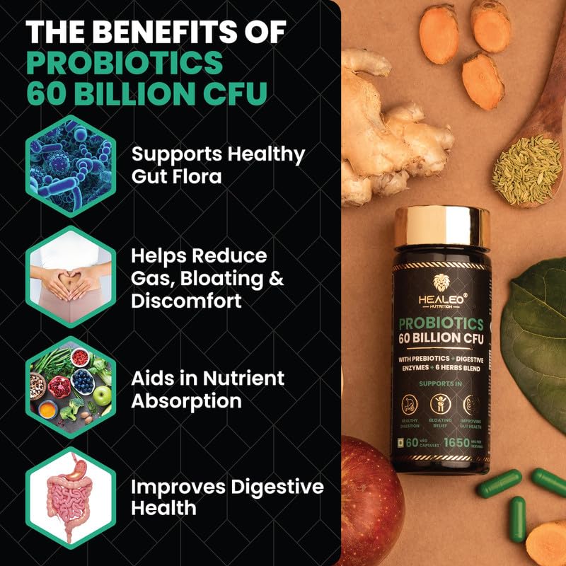 Image of Healeo Probiotics 60 Billion CFU, 4-in-1 with Prebiotic + Digestive Enzymes + 5 Herbs - Probiotics for Gut Health & Digestion - Supplement For Men & Women - Lab Tested - 30 Veg Capsules
