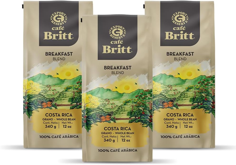 Café Britt® - Costa Rican Breakfast Blend Coffee (12 oz.) (3-Pack) - Whole Bean, Arabica Coffee, Kosher, Gluten Free, 100% Gourmet & Medium Dark Roast