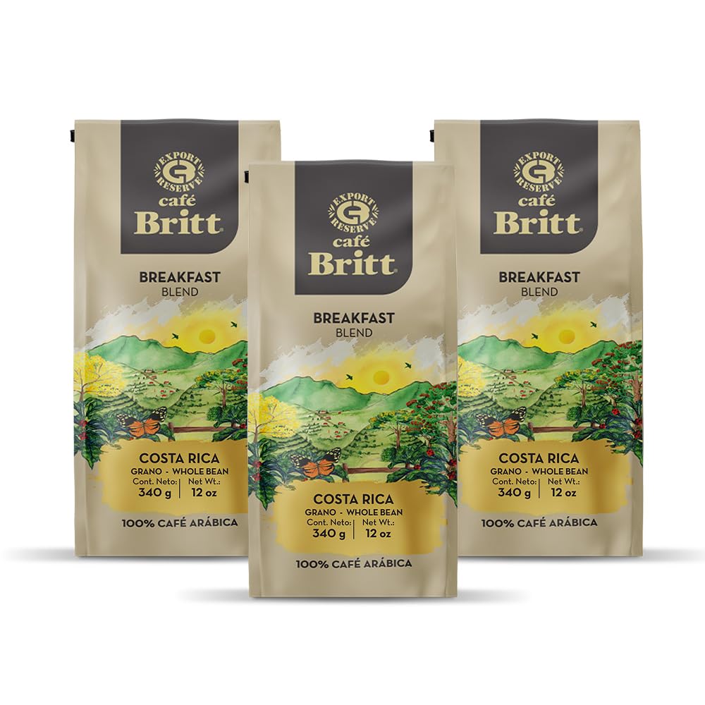 Café Britt® - Costa Rican Breakfast Blend Coffee (12 oz.) (3-Pack) - Whole Bean, Arabica Coffee, Kosher, Gluten Free, 100% Gourmet & Medium Dark Roast