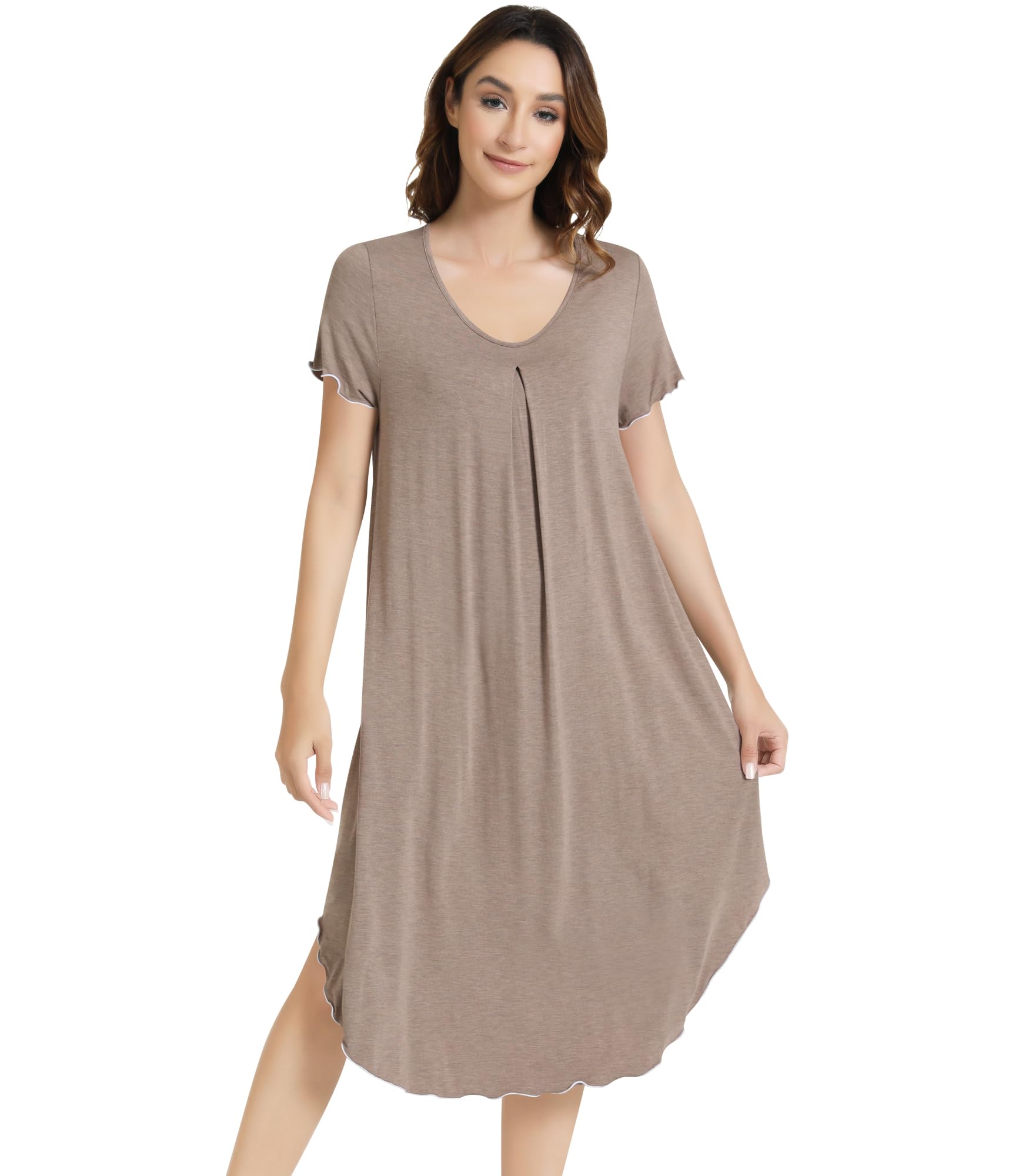 NACHILA Bamboo Viscose Nightgowns for Women Short Sleeve V Neck Sleepwear | Calf Length Nightgowns, Tagless V-Neck Sleepshirt, Pleated Chest Design, Comfortable Short Sleeves, Loose Fit