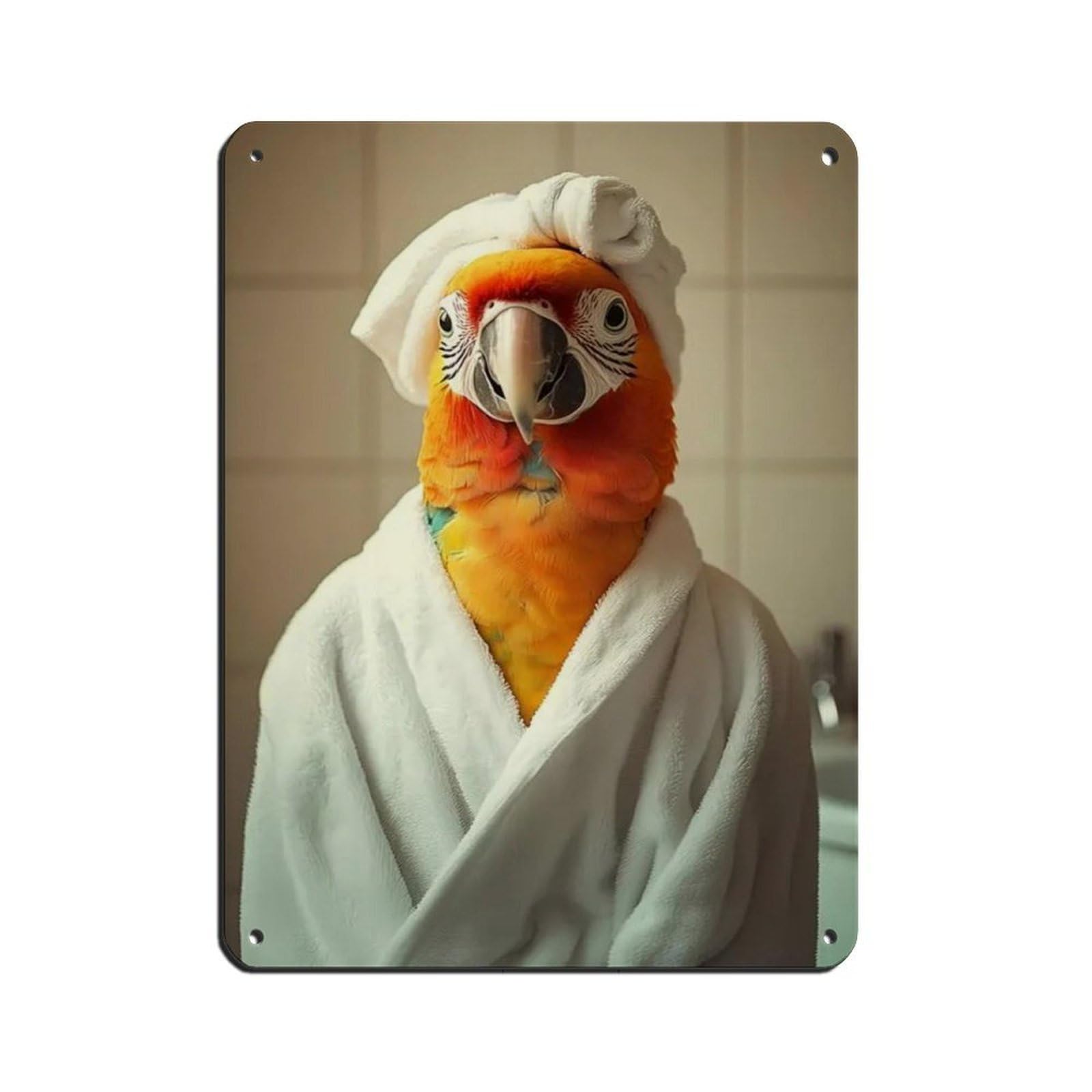 Parrot Wearing A Bathrobe, Funny Bathroom Art Tin Sign Vintage Metal Pub Club Cafe Bar Home Wall Art Decoration Poster Retro 12x16inch(30x40cm)