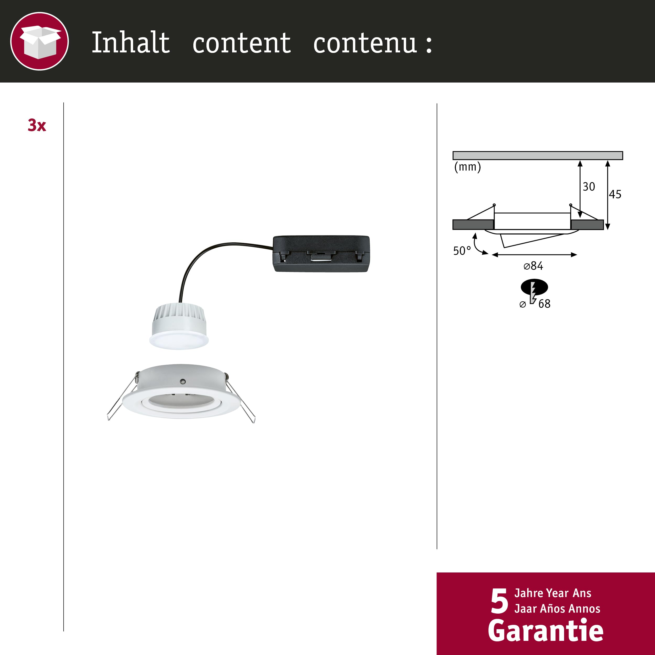 Paulmann 92440 Spot encastré LED Nova Coin rond 84 mm 50° Tunable White 3x6W 3x500lm 230V Blanc dépoli Alu moulé sous pression