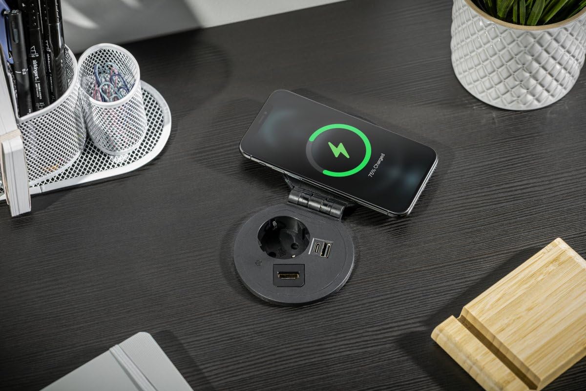 GTV Gniazdo meblowe Charger Plus, ładowarka indukcyjna 5 W, USB-A/HDMI/RJ-45, bardzo płaski profil, idealne do biurka i blatów kuchennych