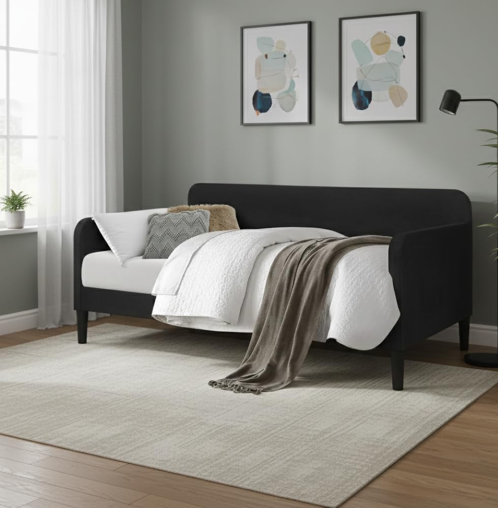 HOME DESIGN Savannah Twin Daybed, Velvet Upholstery, Clean Lines, Rounded Track Arms, Slim Wooden Feet, Full Slat System, Black