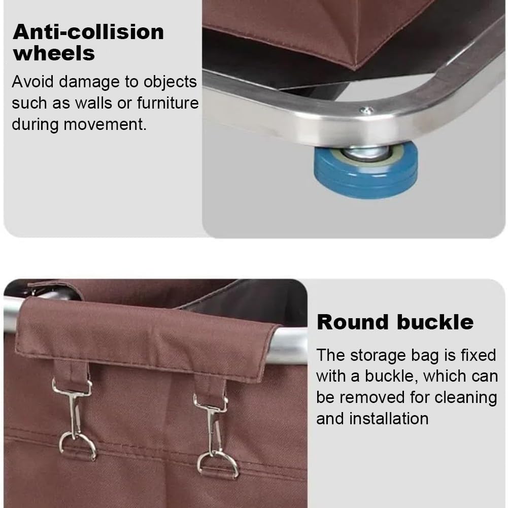 Einseitiger Wäschereinigungswagen Aus Edelstahl Mit 4 Stillen Rädern Und 2 Abnehmbaren Stoffbeuteln, Zimmerreinigungsservice, Tragbarer Multifunktionaler Trolley,B