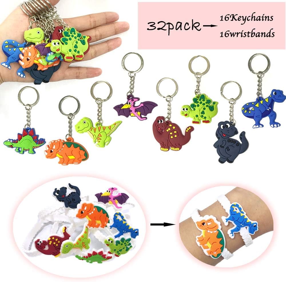 Crazy Night Dinosaur Birthday Party Favors,Dinosaur Theme Party Set-Keychains,Wristband Bracelets,Novelty Prizes Gift for Kids(32 Pieces)