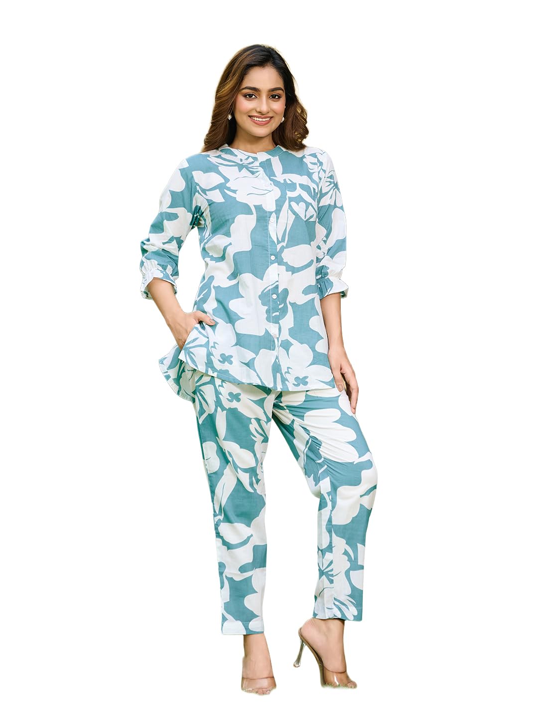 Women's Printed Pure Cotton Teal Shirt Trousers Co-Ords(VC_5131CO)-image-0