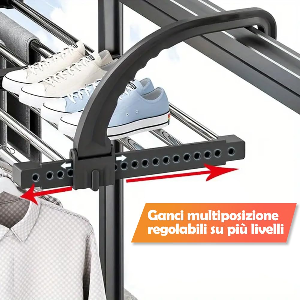 BAKAJI Stendibiancheria da Balcone Estensibile e Pieghevole in Acciaio Inossidabile, Stendino Salvaspazio Allungabile da 62 a 110 cm per Bucato con Supporto Calzini e Intimo, Stendipanni da Ringhiera