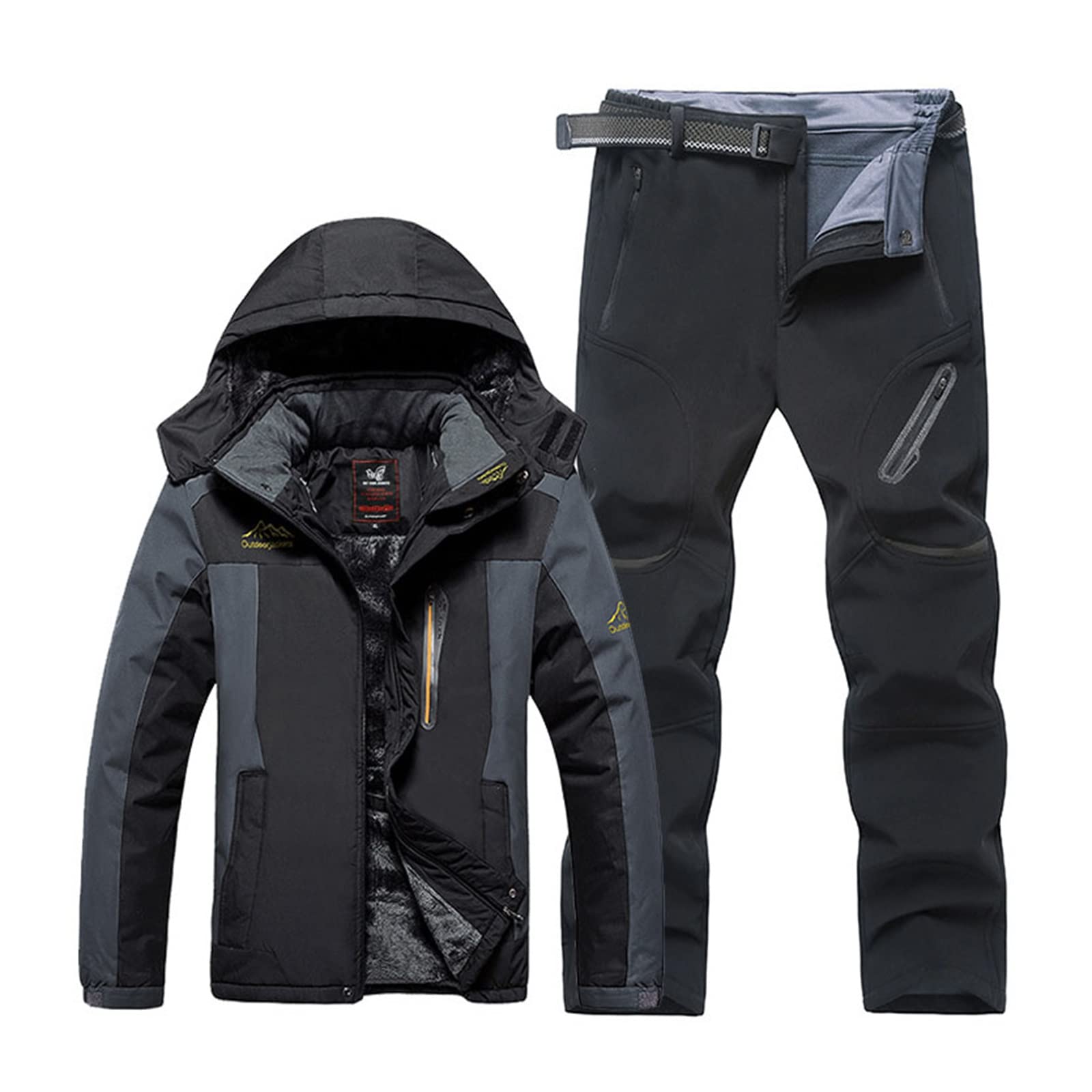 Yytcsjz Männer Ski Jacke Ski Hosen, Mode Mens Plus Size Plüsch und Verdicken Kapuze Ski Mantel Hose Ski Anzug, Outdoor Sport 2-teiliges Set, zum Skifahren und Winter Outdoor Aktivitäten