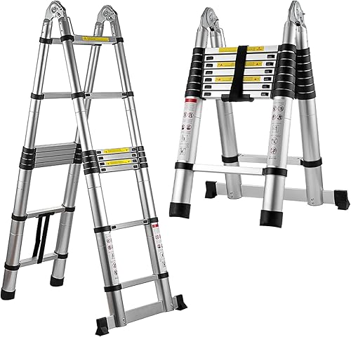 Miniatura 12 de Escalera telescópica de acero inoxidable de 8.5 pies, escalera telescópica de extensión resistente, portátil, plegable, resistente y sólida
