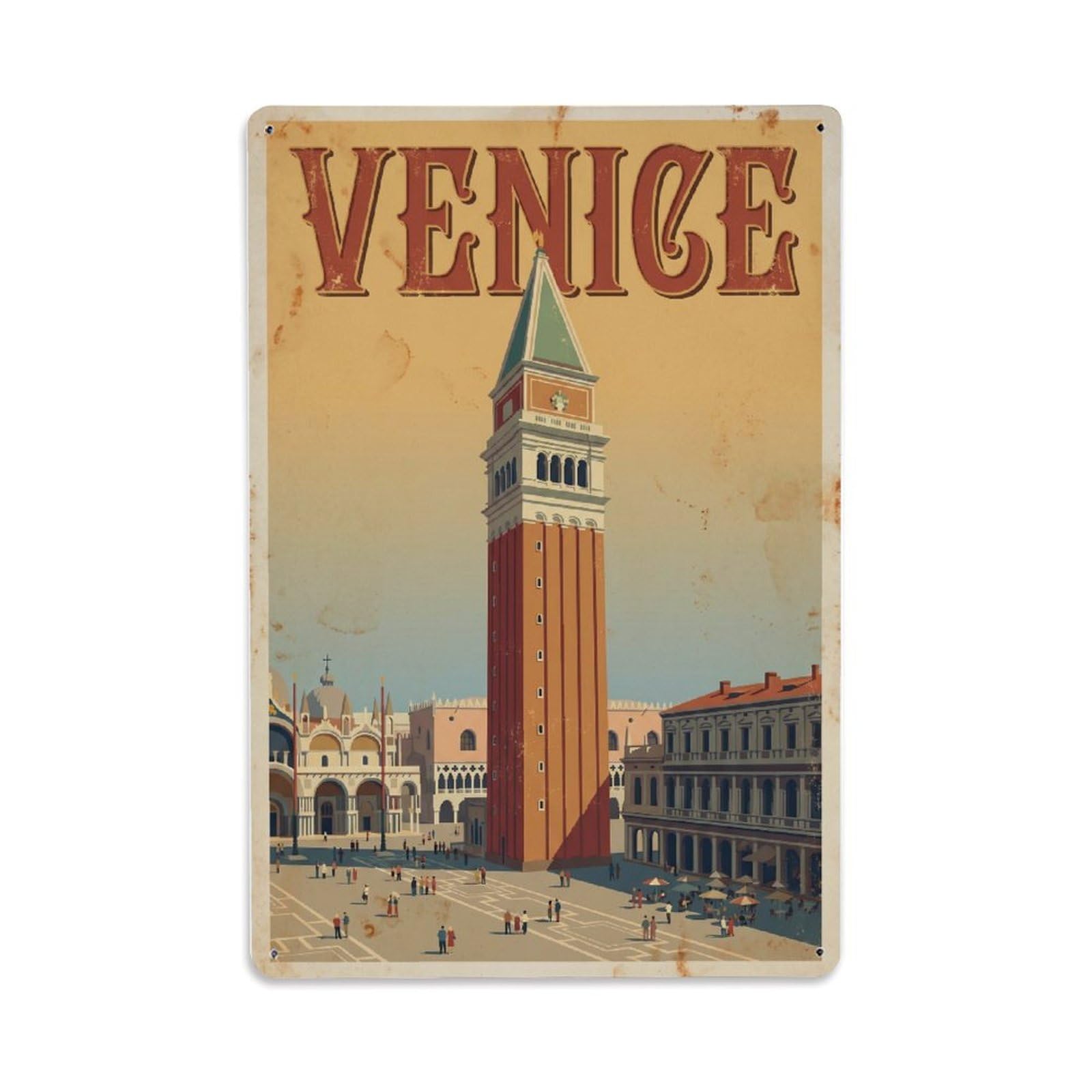 Vintage Travel Venice St Mark Campanile Bell Tower Rusted Italy Metal Tin Sign Plaque Wall Decor for Cafe, Club Bar, Office, Home Garden Metal Poster 8x12Inch