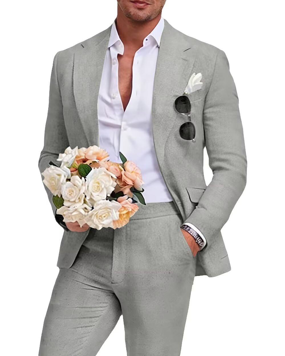 Aowdoy Men's Linen Suit 2 Piece Slim Fit Summer Beach Wedding Dress Tux Prom Suit Blazer Jacket and Pants