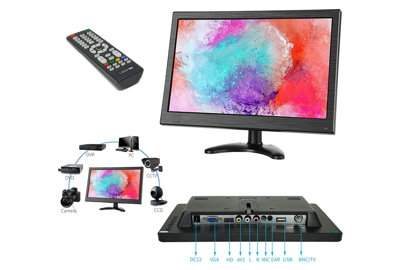 YASTA Monitor 13.3" Pollici Per Telecamere di Videosorveglianza Schermo Portatile con Display LED-TFT 1366x768 HDMI VGA