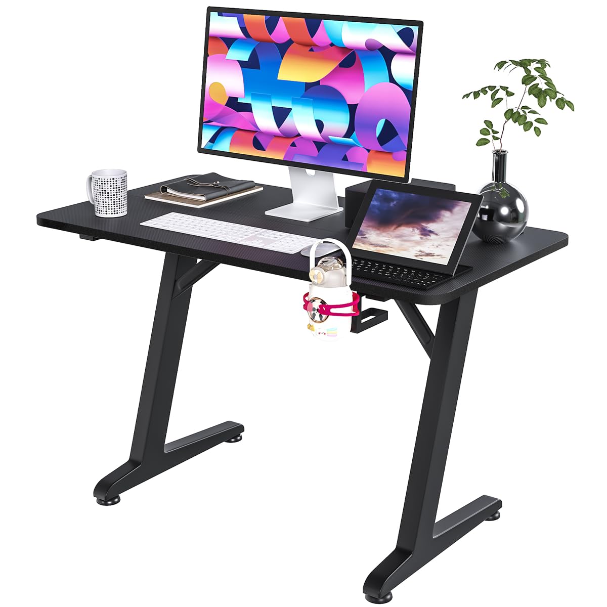 Lifetime Home 44 Inch Wide Ergonomic Computer PC Z Shaped Gaming Desk - Carbon Fiber Surface, Water Bottle & Drinks Holder and Wire Management Cord Cover for Bedroom, Office, Living Room, Workstation