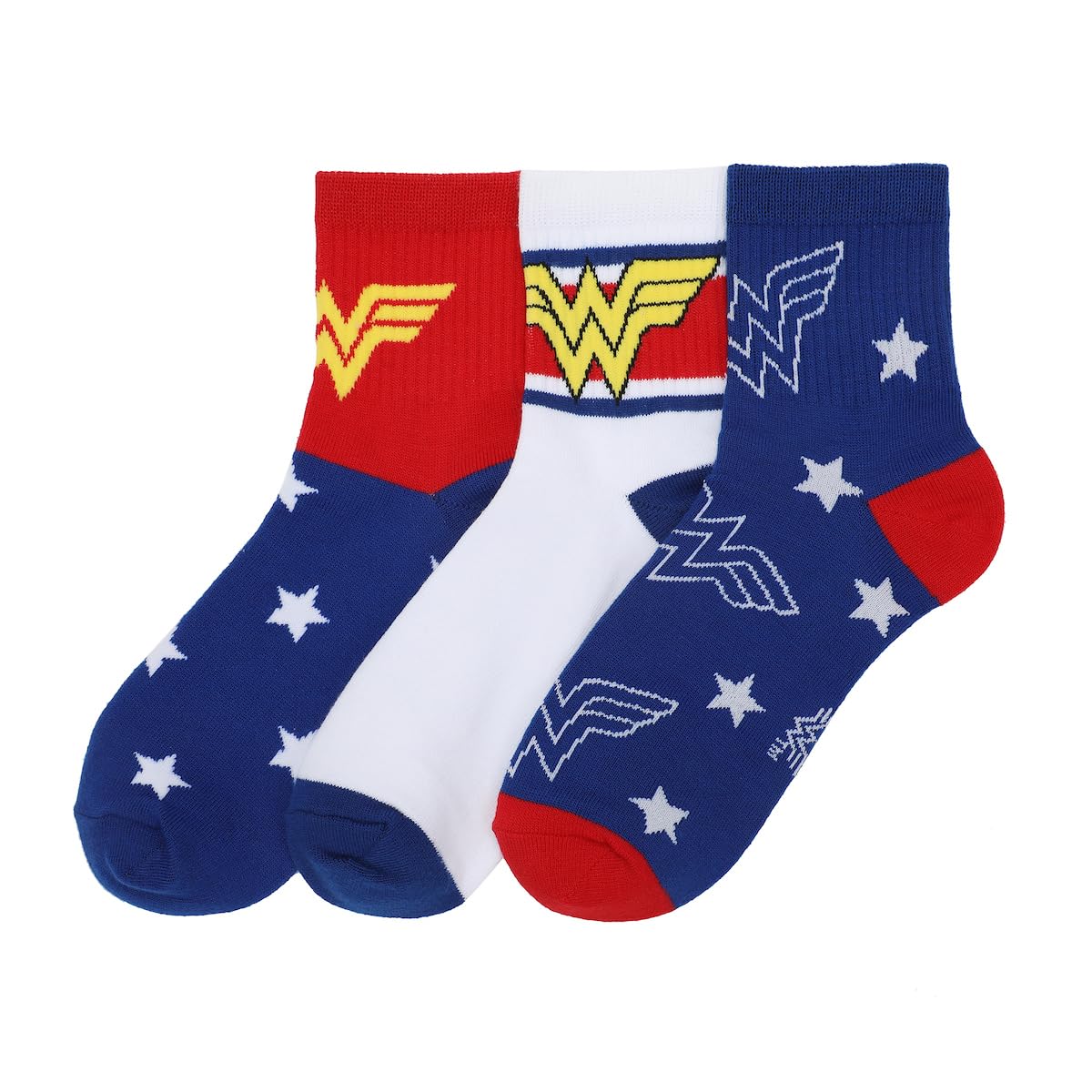 BioworldWonder Woman Logo Red, White and Blue Athletic 3-Pack Quarter Crew Ankle Socks
