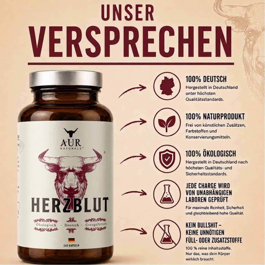 Rinderleber & Rinderherz Kapseln Bio – 240 Kapseln von Weiderindern aus Deutschland | Grasgefüttert & ökologische Haltung I Organ-Supplement für Energie, Leistung & Blutbildung I AUR Naturals