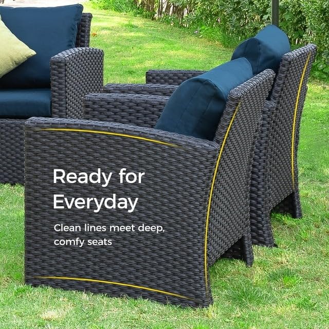 Image of 7 Seater Conversation Wicker Sofa Set with Center Table and Side Table, Outdoor Patio Furniture Set with Cushions for Poolside, Garden, Balcony, and Terrace.(Dark Brown and Nevy Blue)