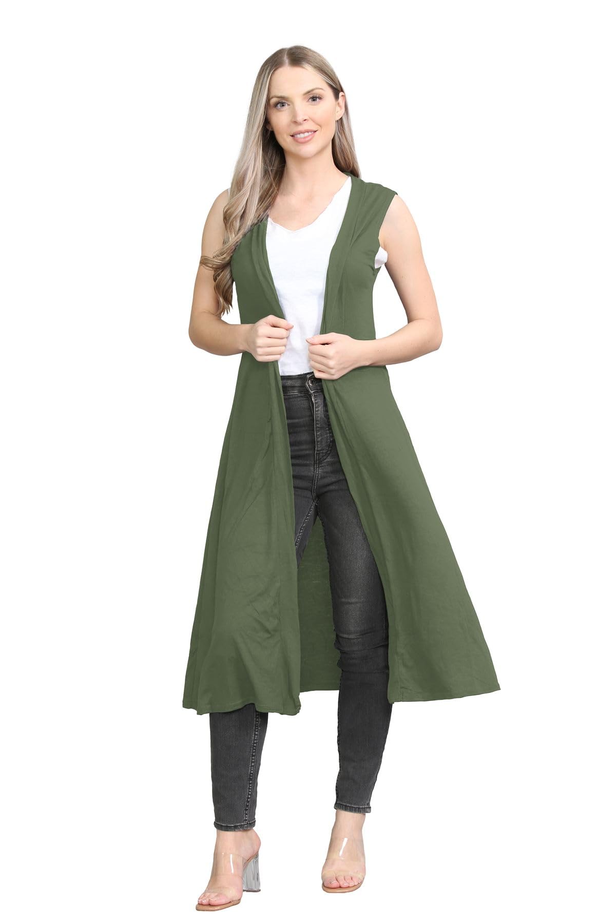 janisramone® Sleeveless Cardigans for Women UK, Stylish and Versatile Plain Open Collared Long Maxi Boyfriend Cardigan Perfect for Layering Over Summer Dresses Khaki