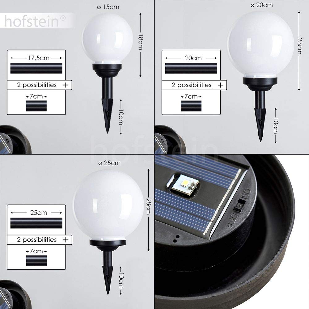 Solarleuchten Campinas, Kugellampen 3er Set, Kugelleuchten aus weißem Kunststoff Ø 15, 20 und 25 cm mit Erdspiess, Außenleuchten mit Ein/Aus-Schalter, Solarlampen 3000 Kelvin (warmweiß)