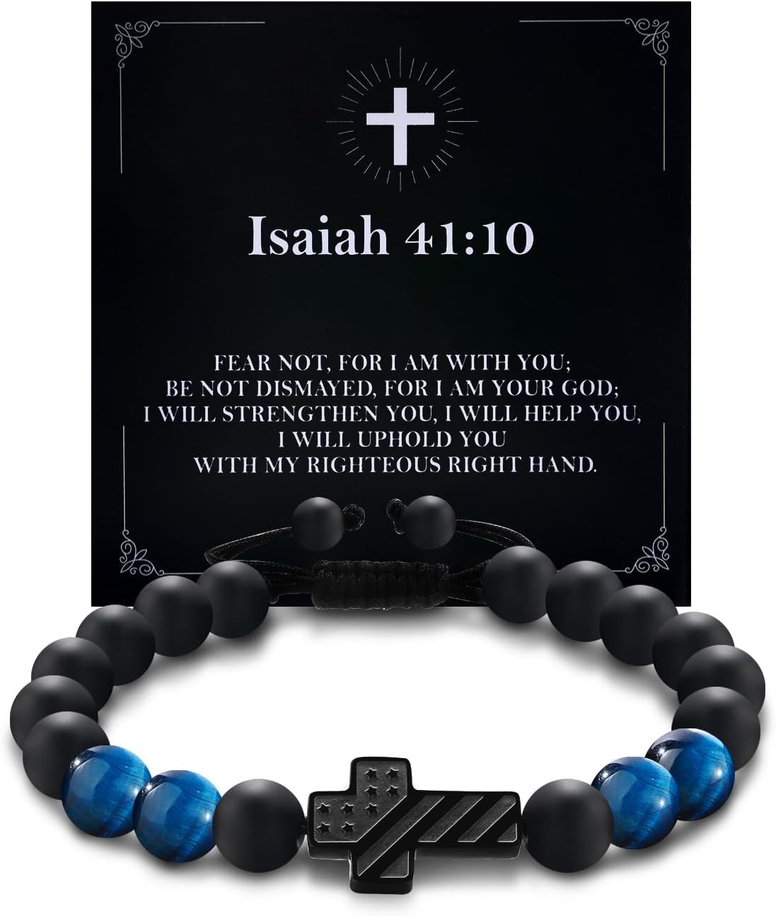Cross Bracelet for Teen Boys, Adjustable American Flag Natural Beads Bracelet, Christian Religious Baptism Easter Birthday Graduation First Communion Confirmation Gifts for Teens Boy Mens