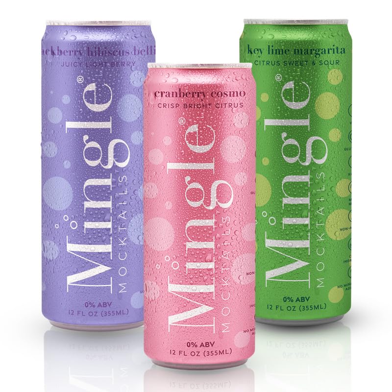 Mingle Mocktails - Variety Pack, Blackberry Hibiscus Bellini, Cranberry Cosmopolitan, Key Lime Margarita - Premium Non Alcoholic Cocktails, 12 FL OZ