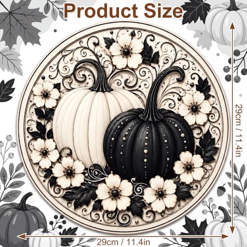 Image of Fall Decor - Black and White Pumpkin Wreath Door Sign for Front Door | Round Wooden Fall Pumpkin Hanging Decor for Front Porch | Autumn Thanksgiving Door Wall Decor - Fall Decorations for Home