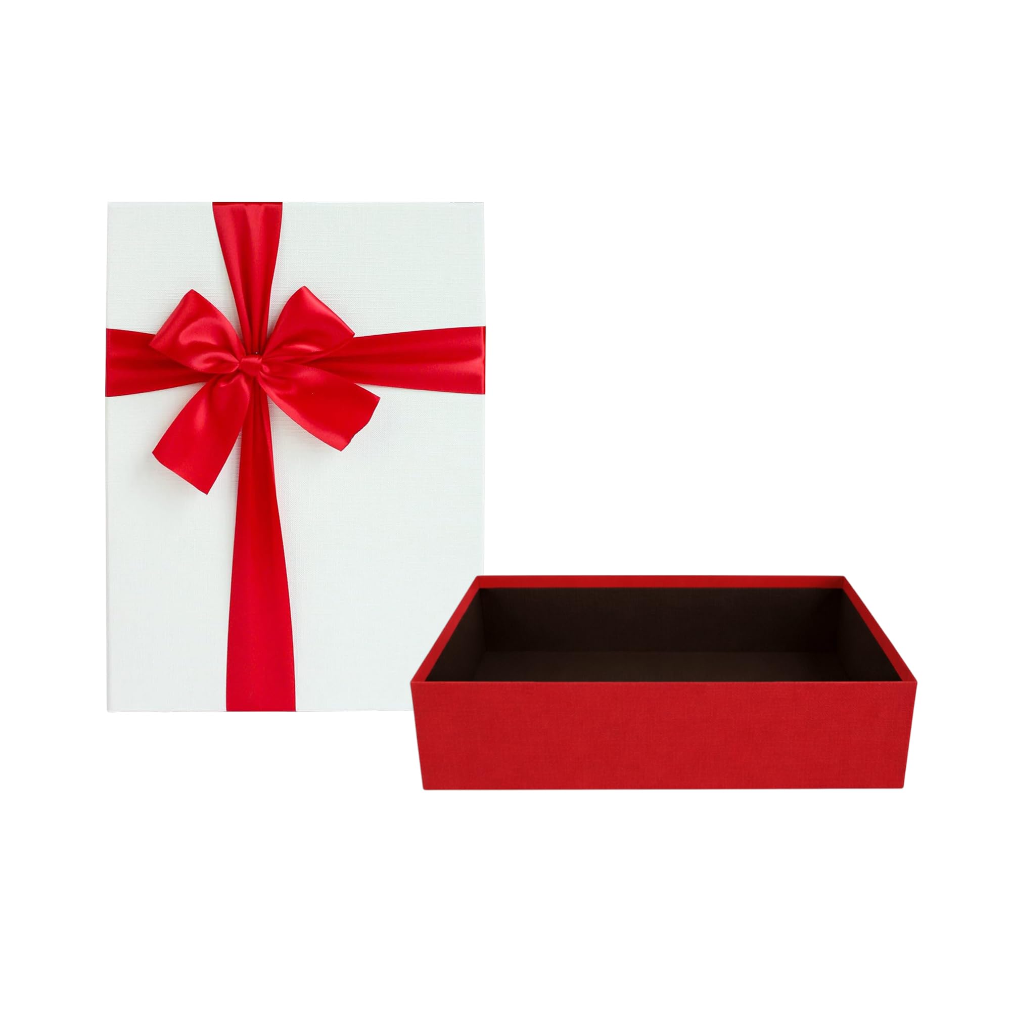 Emartbuy White Paper + Red/White Rigid Gift Box with Ribbon – 38 x 27 x 10 cm – Luxury Cardboard Presentation Box|Premium Packaging for Hampers, Birthdays, Weddings, Corporate Gifting — image 1