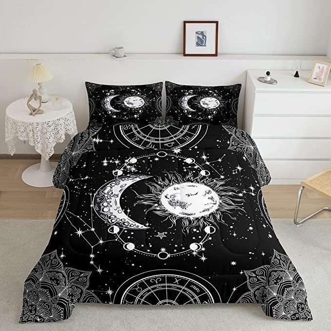 Juego de ropa de cama con sol y luna, constelación de galaxia, para niños, niñas, adolescentes, edredón psicodélico bohemio con mandala, juego de