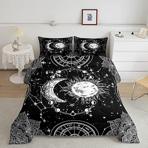 Sun and Moon Bedding Set Constellation Galaxy Comforter Set for Kids Boys Girls Teens Psychedelic Boho Mandala Comforter Breathable Celestial Duvet Set Black White Room Decor Quilt Cover Kin