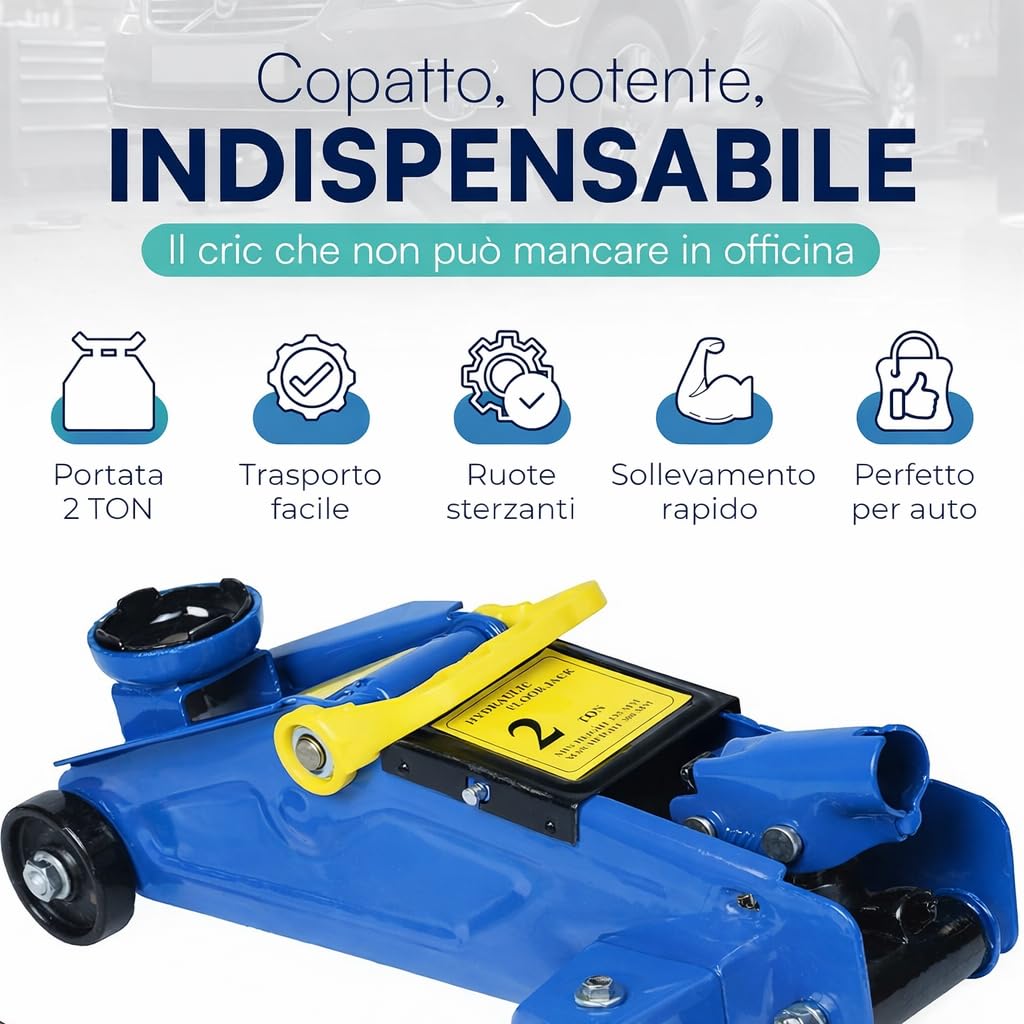 Cric Idraulico a Carrello 2 Tonnellate – Sollevatore Auto Professionale con Ruote Girevoli, Struttura Rinforzata e Manico Ergonomico per Officina e Uso Domestico