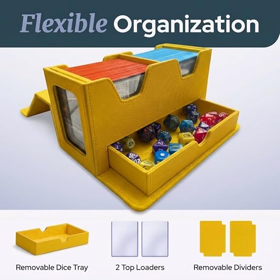 Double Deck Box MTG Commander 200+ Cards with Dice Tray Yellow | Dual display for quick ID. Durable PU leather, soft lining. Holds 200+ cards, includes dice tray, perfect for TCG.