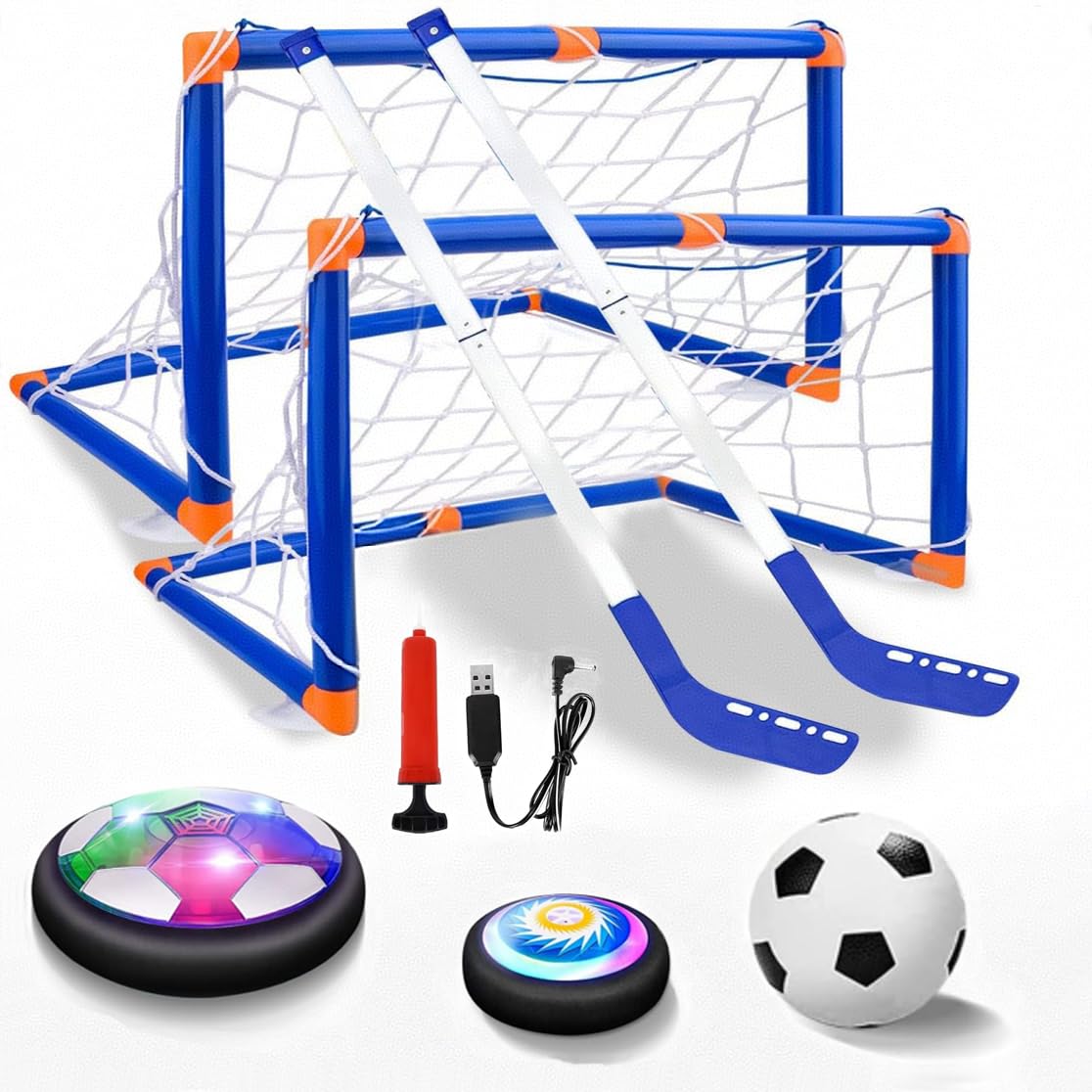 VIBZONFU Hover Soccer Ball for Kids, 2-in-1 Air Floating Soccer Toy Set, Rechargeable Hover Soccer & Hockey Ball with LED Light, Indoor Outdoor Toys for Kids 3 4 5-12 Years Old