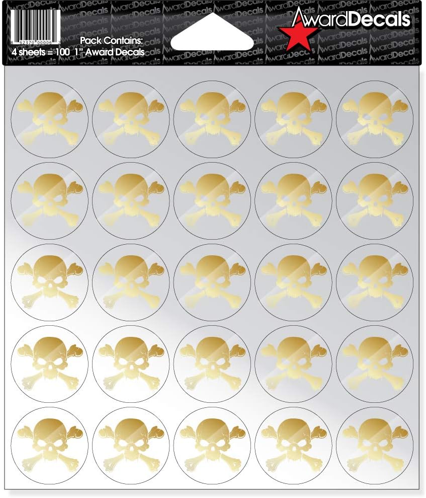 Award Decals New Skull and Crossbone (Vegas Gold on Clear) Sticker Set 1" (100 Decals) The Original Award Decals Premium 20mil Thick Helmet Decals Made in The USA Since 1976