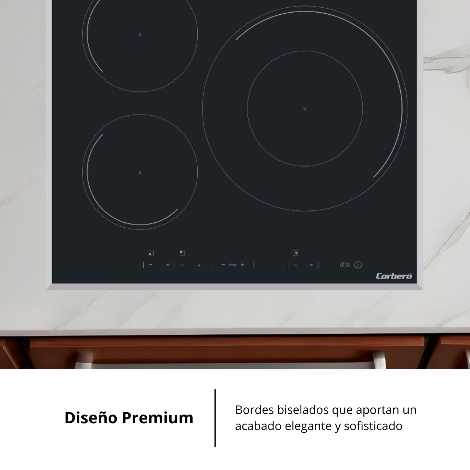 Corberó - Placa Inducción | 3 Zonas | CCIM3FBS324 | Potencia 7400W | Touch Control | 3 Boosters | Zona Grande 32 Cm | Bordes Biselados | Temporizador| Bloqueo Seguridad Niños | Negro
