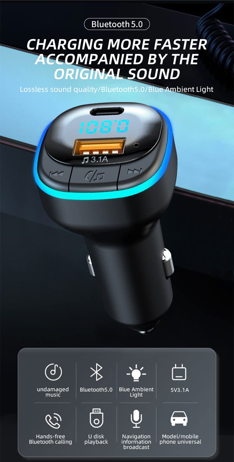 OHITEC Bluetooth 5.0 FM Transmitter for Car, Hands Free Calling, Built-in Over-Current Protection, 5V/3.1A Quick Charger & Blue Colors LED Backlit Car Radio Bluetooth Adapter, Support USB Disk (C33)
