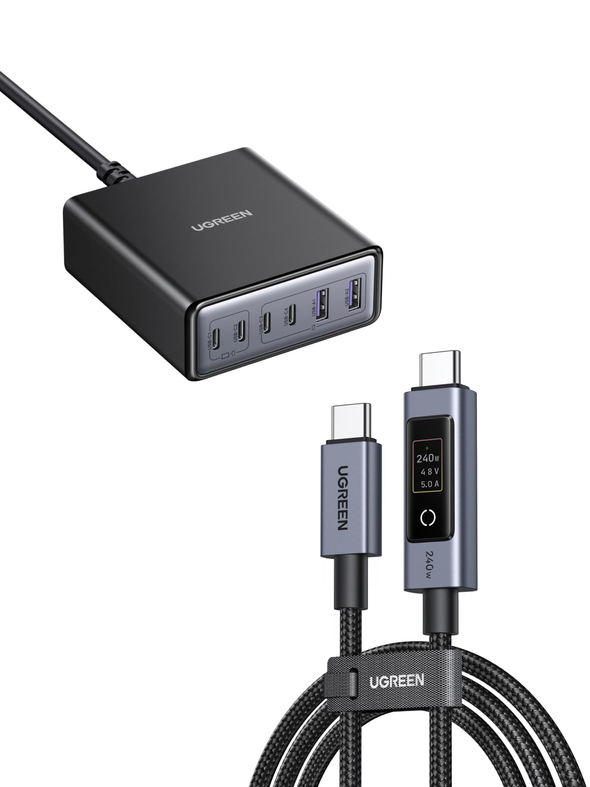 UGREEN Zapix 100W 6 Ports Chargeur USB C Rapide Station de Charge GaN Tech avec UGREEN Nexode Câble USB C 240W avec Écran LCD 48V 5A PD 3.1 (2M)