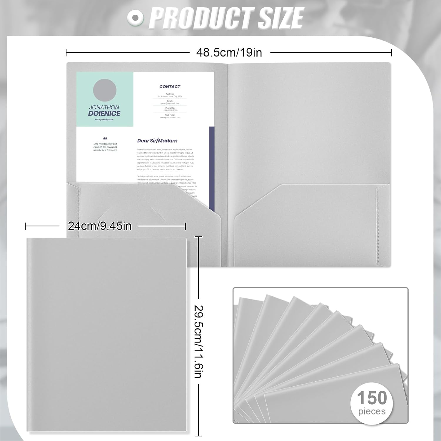 Gueevin 150 Pcs Plastic Folders with Pockets, Two Pocket Folder Fit 8.5 x 11 Inch Letter Size Paper, Heavy Duty School Folders Business Card Holder for Home Office School Bussiness (Light Gray)