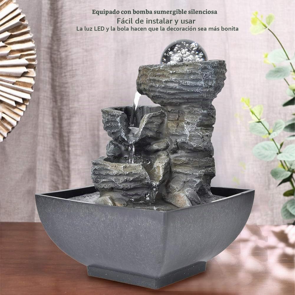 Fuente Interior Cascada, Fuente en Cascada, Fuente Interior con Iluminación, Fuente de Mesa, Elegante Fuente Fabricada en Resina Sintética para Decoración de (Enchufe Europeo