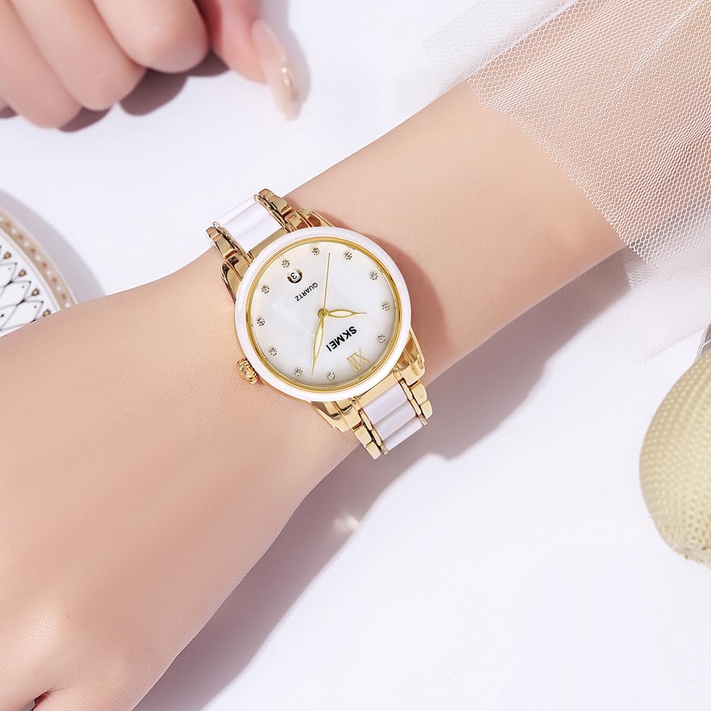SKMEI Montres pour femmes mode robe luxe dames femme simple d'affaires étanche céramique inoxydable analogique quartz élégant or blanc montre-bracelet