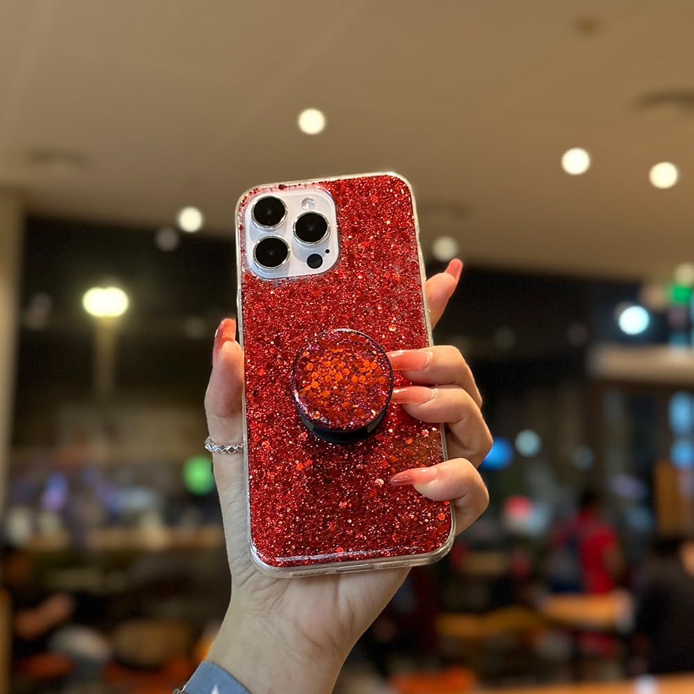 MUYEFW Case for iPhone 15 Pro Max Case Glitter Bling for Women Girls Sparkle Cover with Ring Stand Holder Cute Protective Phone Cases 6.7 inch (Red)