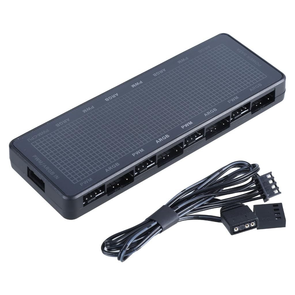 Hub de ventilador de PC personalizable con controles ARGB PWM, interfaces SATA y 8 puertos LED